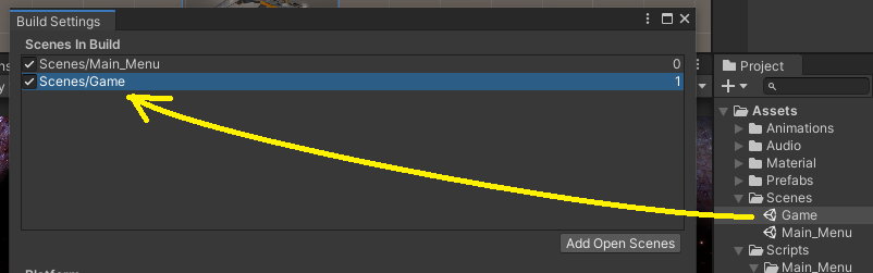Drag from Assets — Scenes to Build Settings